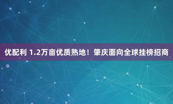 优配利 1.2万亩优质熟地！肇庆面向全球挂榜招商